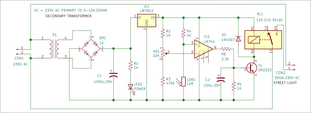 Circuit diagram for the automatic streetlight 