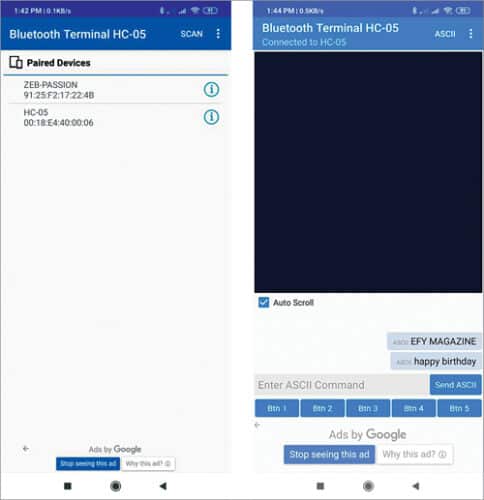 Bluetooth terminal HC-05 app front view