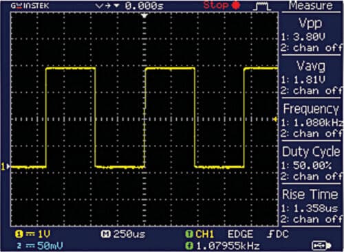 Fig. 4: Frequency output at pin 4 shown on oscilloscope