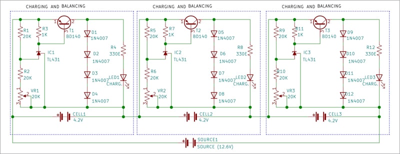 Charging and balancing circuit for 3-cell Li-ion battery