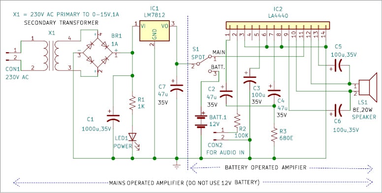 Fig. 2: Circuit diagram of the audio amplifier