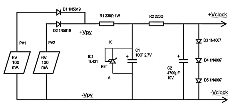 Circuit diagram of the clock power supply using Supercapacitor