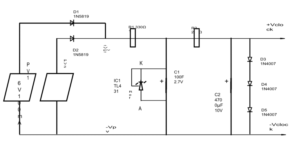 Circuit diagram of wall clock power supply using solar PV and Supercapacitor
