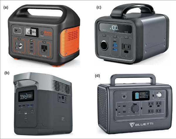 (a) Jackery 500, a 500W Power Station, (b) EcoFlow Delta 1300, a 1300W Power House, (c) Anker 200, a 200W Power Station, and (d) Bluetti EB70S 800W, 716Wh Power Station