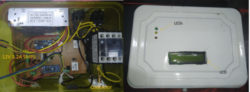 Circuit inside an enclosure. Inside and Top View of Automatic Water Tank System