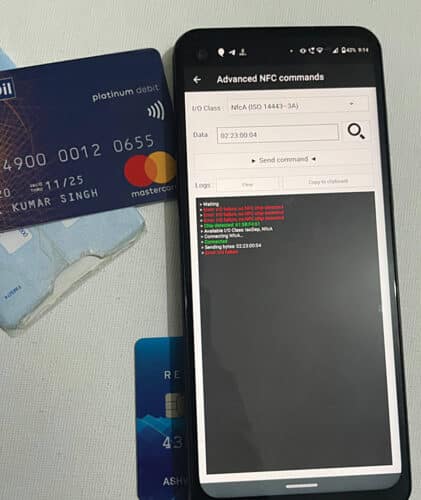 Testing injection of codes and attempt to change the information inside the NFC of the credit card 
