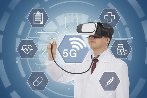 Male doctor wearing virtual reality glasses. 5G Medical Concept. CG