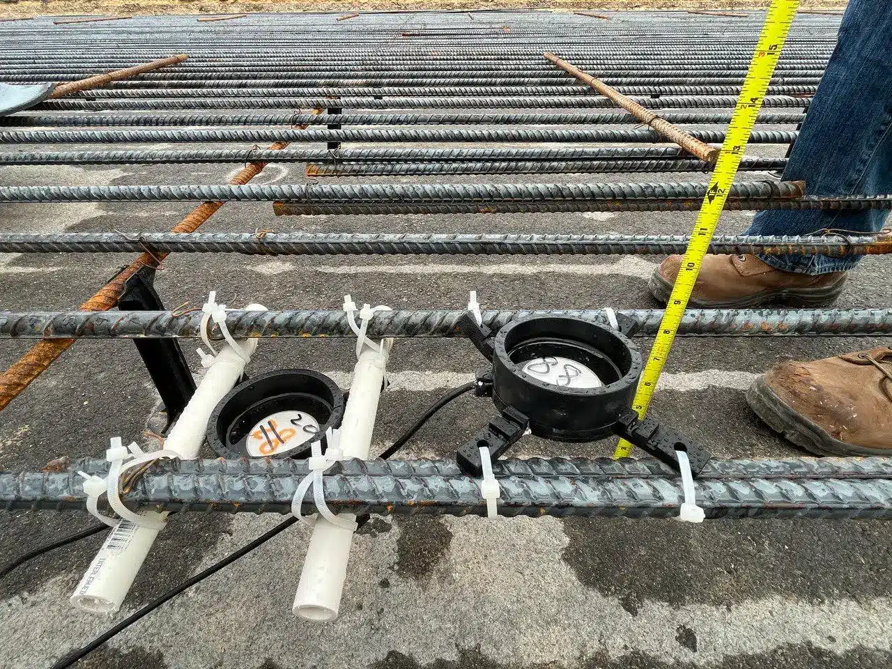 Sensors developed by Luna Lu and her team are installed into the formwork of Interstate 35 in Texas. Credit: Luna Lu