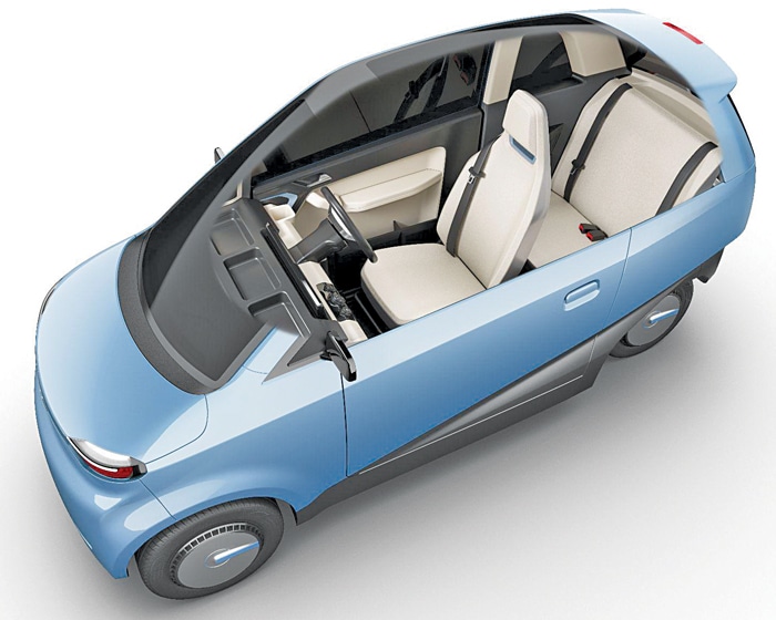 Eva is a two-seater car and can seat two adults and a child