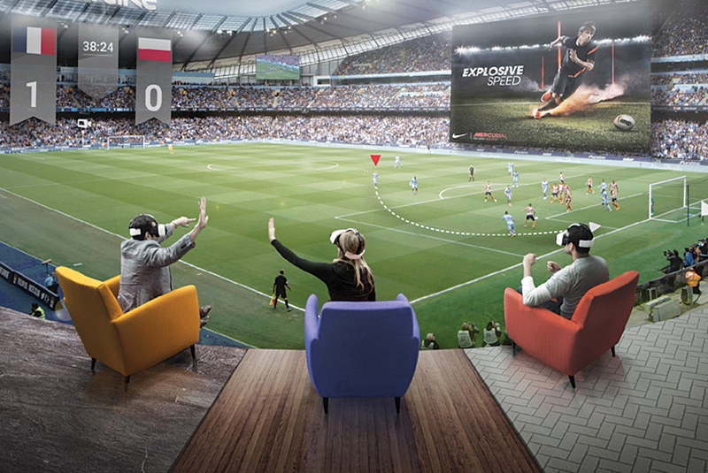 Sports enthusiasts enjoying an amplified in-stadium experience via VR and AR, enabled by high-speed mobile internet