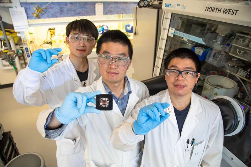 From left Leiwei Zeng, Zaiwei Wang and Hao Chen show off samples of triple-junction perovskite solar cells that boast record gains in efficiency. Credit: Tyler Irving, University of Toronto