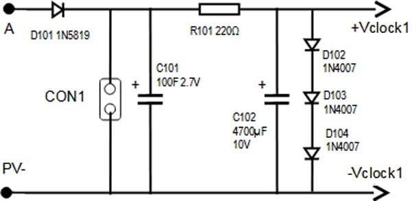 Circuit diagram of Clock1 power supply with 100 F supercapacitor.  