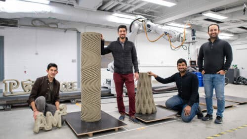 Princeton researchers work to improve the use of additive manufacturing for concrete and other cement-based materials. The research team, from left to right, Arjun Prihar, Reza Moini, Shashank Gupta, and Hadi Esmaeeli. Photos by Sameer Khan/Fotobuddy