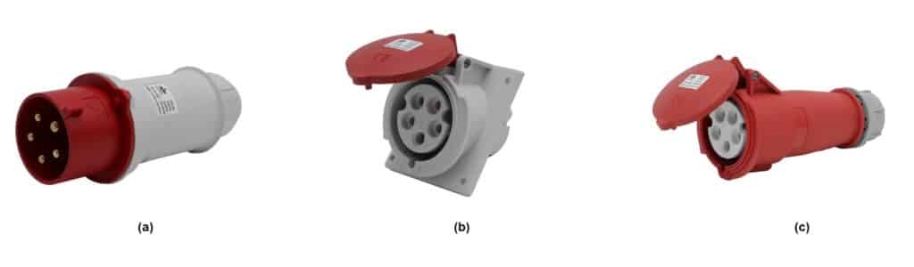(a) Industrial Plugs with double screw terminals & threaded locking for additional safety (b) Panel Mount Sockets with double screw terminals for additional safety (c) Industrial Connectors with double screw terminals