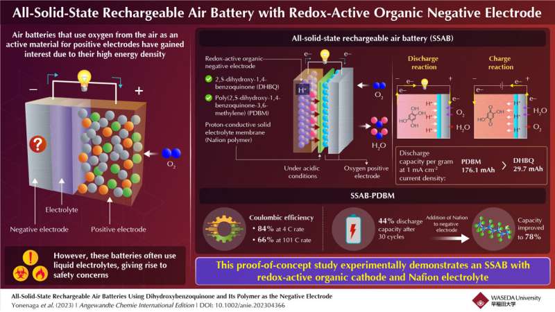 The battery, which uses a polymeric dihydroxy-benzoquinone-based negative electrode and a Nafion-based solid electrolyte, exhibits high Coulombic efficiency and discharge capacity. Credit: Kenji Miyatake from Waseda University
