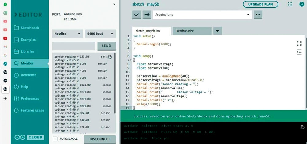 Screenshot of the typical readings with the UV C lamp