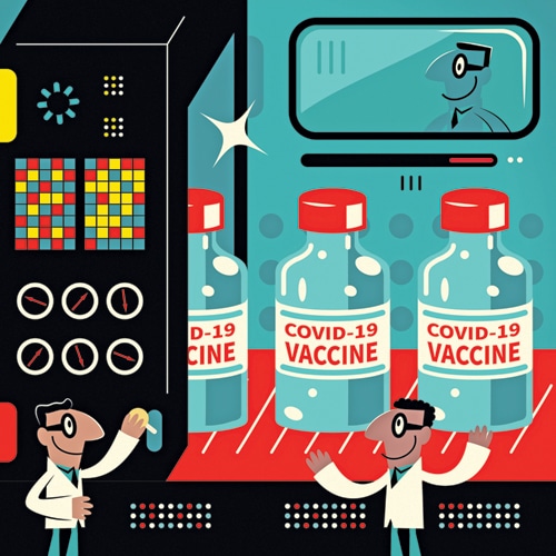 Healthcare and medicine vector art illustration.
Biotech firms (scientist, doctor, biochemist, pharmacist) rush to make new coronavirus vaccines (covid-19) in a pharmaceutical factory with a production line showing a row of vaccine bottles.