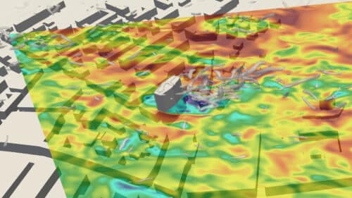 Wind interacts with buildings in very complex ways. This screenshot from the video shows wind velocities at 33 m height relative to the innovative Lidar system located at the upper left corner