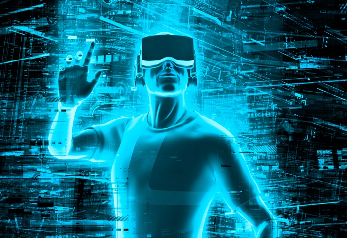 Virtual reality user 3D render of man wearing virtual reality glasses