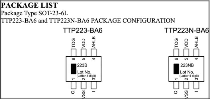 Configuración de pines del IC del sensor táctil TTP223