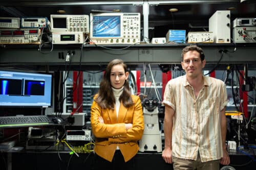 A team of MIT researchers and several other institutions has revealed ways to optimize efficiency and better control degradation, by engineering the nanoscale structure of perovskite devices. Team members include Madeleine Laitz, left, and lead author Dane deQuilettes.
Credits:Photo: Courtesy of the researchers