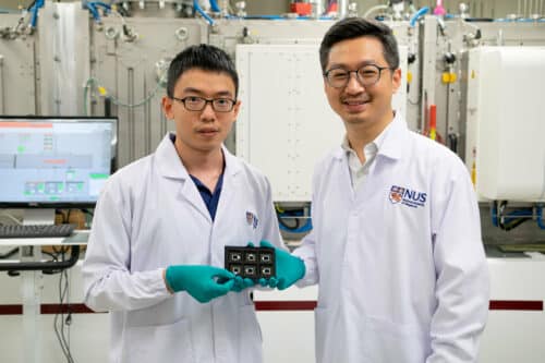 Assistant Professor Hou Yi (right) and Dr. Liu Shunchang (left) from the National University of Singapore (NUS) fabricated the new triple-junction perovskite/Si tandem solar cells using cutting-edge technologies and equipment at the Solar Energy Research Institute of Singapore in NUS. These tandem solar cells have an impressive certified world-record power conversion efficiency of 27.1% across an active area of 1 sq cm. Credit: National University of Singapore