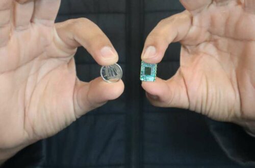 Radar sensor held up next to 10c coin to give size comparison. Credit: University of Waterloo
