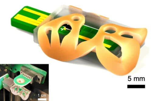 MIT researchers have 3D printed a miniature ionizer, which is a key component of a mass spectrometer. The new miniature ionizer could someday enable an affordable, in-home mass spectrometer for health monitoring. Pictured are parts of the new device, including a green printed circuit board (PCB) with orange casing on top. Under the casing is a black rectangle where the electrospray emitter is located.
Credits:Image: Courtesy of the researchers