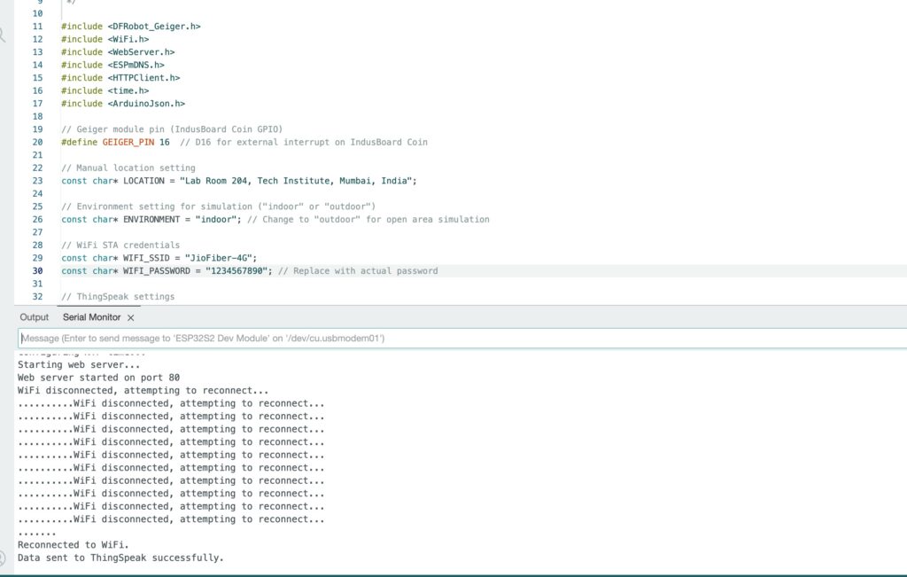 Serial monitor showing Nuclear leakage detection and radiation monitoring