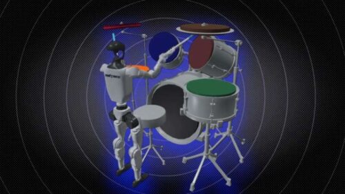 Robot Drummer executing a cymbal (dark brown) strike in a learned rhythmic sequence. Credit: Shahid, Braghin & Roveda.