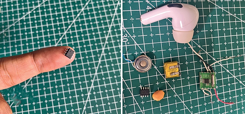 The Tiny412 MCU IC shown on a fingertip, with the sizes of the remaining components compared to a pulse seed