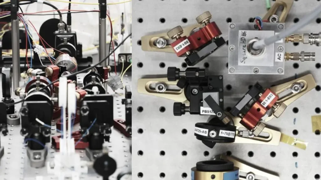 Entanglement in the setup above comes from a squeezer with a nonlinear crystal inside an optical cavity