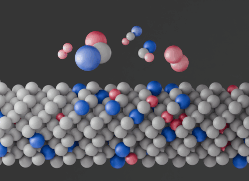 An illustration of the semiconductor material investigated for this study, which is composed of germanium with small amounts of silicon and tin. The germanium atoms are depicted as gray spheres, the silicon as red and tin as blue. (Credit: Minor et al/Berkeley Lab)