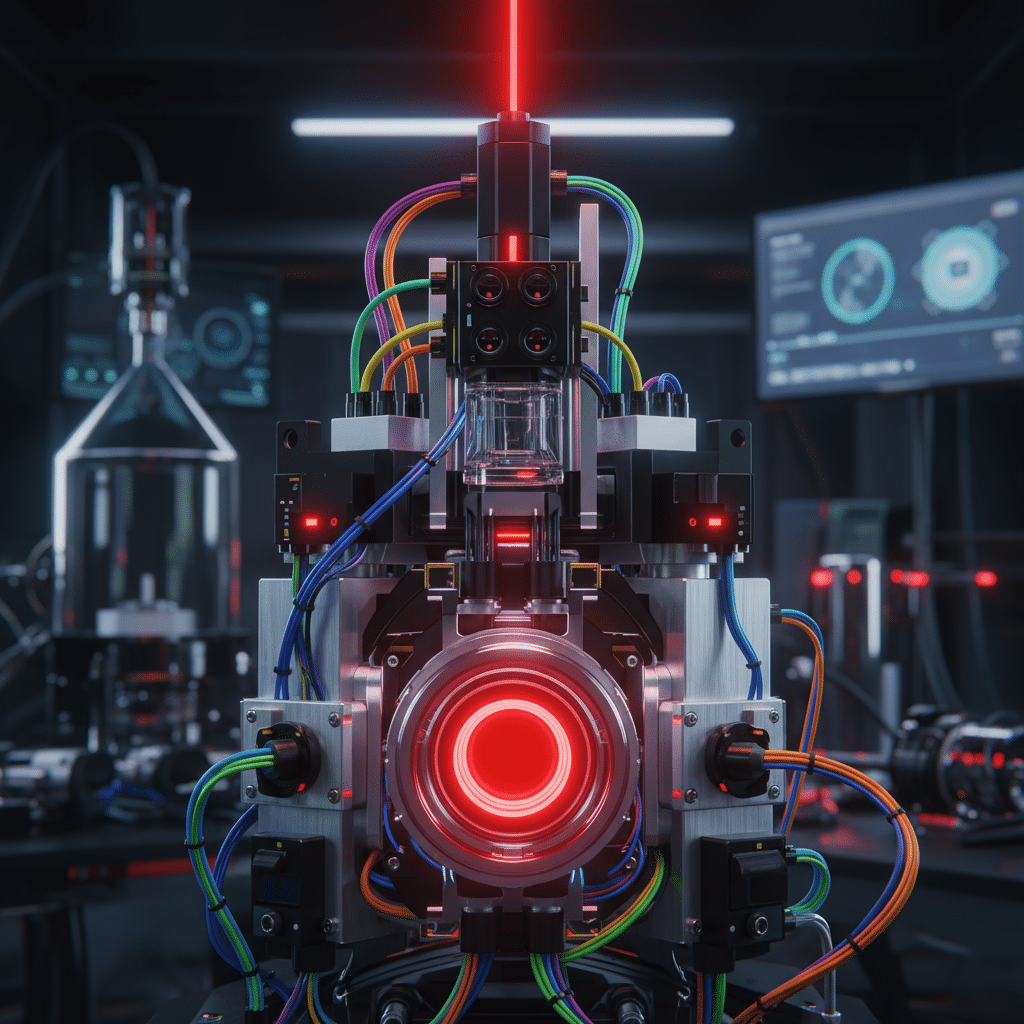 A portable cold-atom vacuum-measurement tool [top] detects the fluorescence of roughly 1 million lithium atoms [bottom], and infers the vacuum pressure based on how quickly the fluorescence decays.