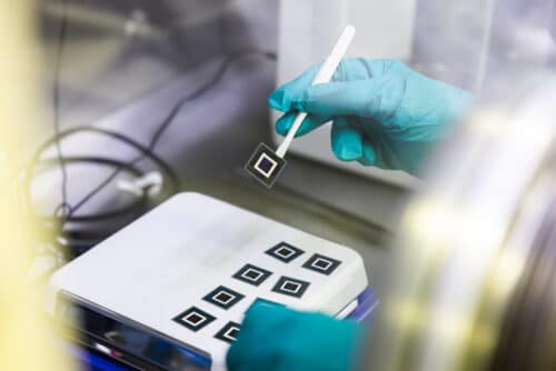 An image of a perovskite silicon tandem solar cell made by the researchers. Credit: Oussama Er-Raji et al