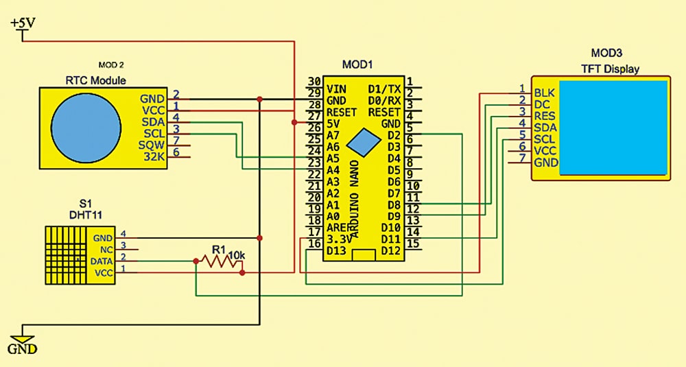 Arduino, TFT Display, DHT11, and RTC Module connection