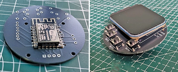 ESP12F chip SMT mounted on the PCB (left) and complete components assembled on the PCB (right)