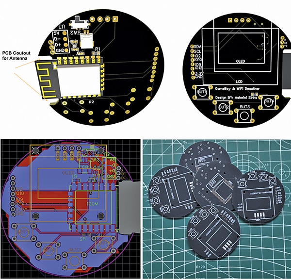 PCB design showing the antenna cutout on the board and the manufactured PCB