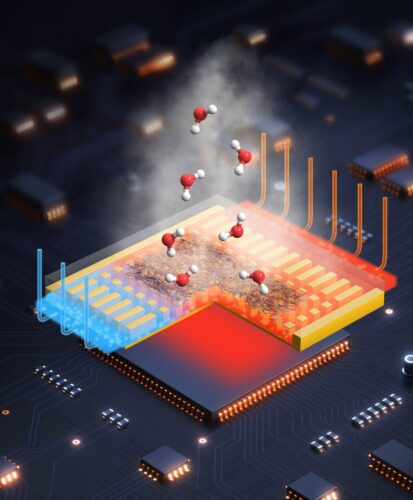 Illustration of a fiber membrane removing heat from an electronic chip through evaporation. Credit: Tianshi Feng