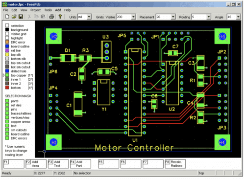 The layout for a small PCB on FreePCB