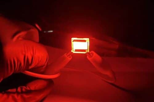 A sample of the red QR-LED with record-high efficiency developed by the research team. Credit: Hong Kong University of Science and Technology