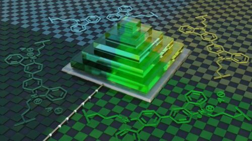 Visualization of a 3D-printed pyramid displaying electrochromic behavior. Due to the different redox states of the conducting material it reversibly changes color in response to electrochemical stimulation. Credit: University of Stuttgart, RTG 2948, F. Sterl