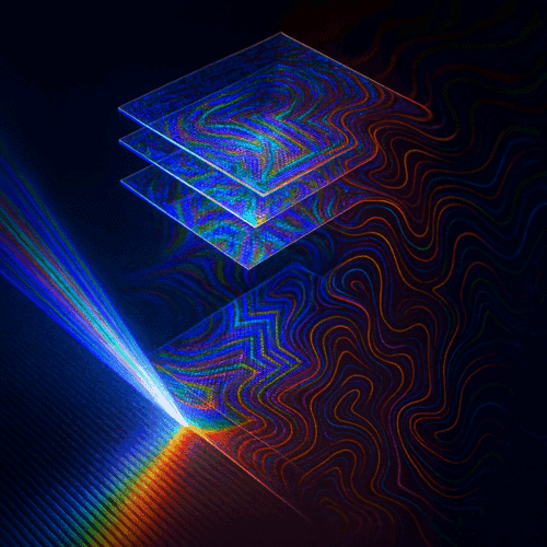 Artistic depiction of a diffractive optical processor for massively parallel and universal approximation of nonlinear functions.