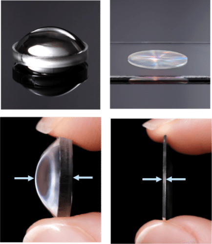 Conventional refractive lens (left) and Kyocera's newly developed meta-lens (right)
