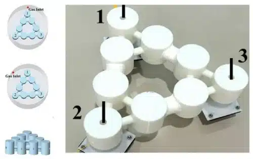 Right: Helium detection device inspired by Kagome-biki. Left: The device's triangular structure helps determine the location of helium leaks in a 2D space. Image Credit: Wang et al.