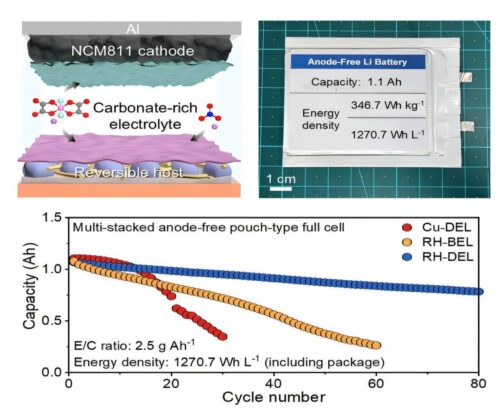 Schematic illustration and pouch cell of reversible host-designed electrolyte with its cycle performance. Credit: POSTECH