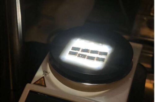 The team's enhanced solar cells tested at 90C and under 1-Sun illumination. Credit: Wenzhan Xu.