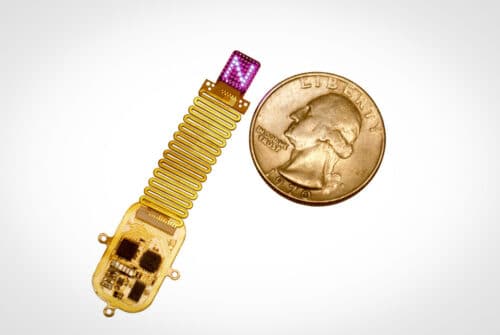 Roughly the size of a postage stamp and thinner than a credit card, the new device is less invasive than what had been developed previously by the team. Instead of extending into the brain through a tiny cranial defect, the new soft, flexible device conforms to the surface of the skull and shines light through the bone. Photo by Mingzheng Wu of the Rogers Research Group