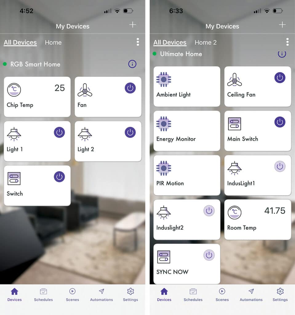 App UI displaying all devices to be controlled