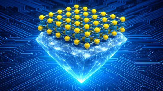 Illustration showing two-dimensional molybdenum disulphide (yellow and blue spheres) stacked on diamond, a combination that helps electric current flow and could enable a new type of diamond-based electronics.